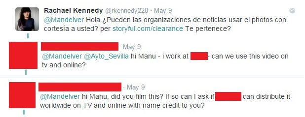 Journalisten versuchen einen Mann auf Twitter zu kontaktieren, der einem tödlichen Flugzeugabsturz in Sevilla, Spanien, am 9. Mai 2015 als Augenzeuge beigewohnt hat 